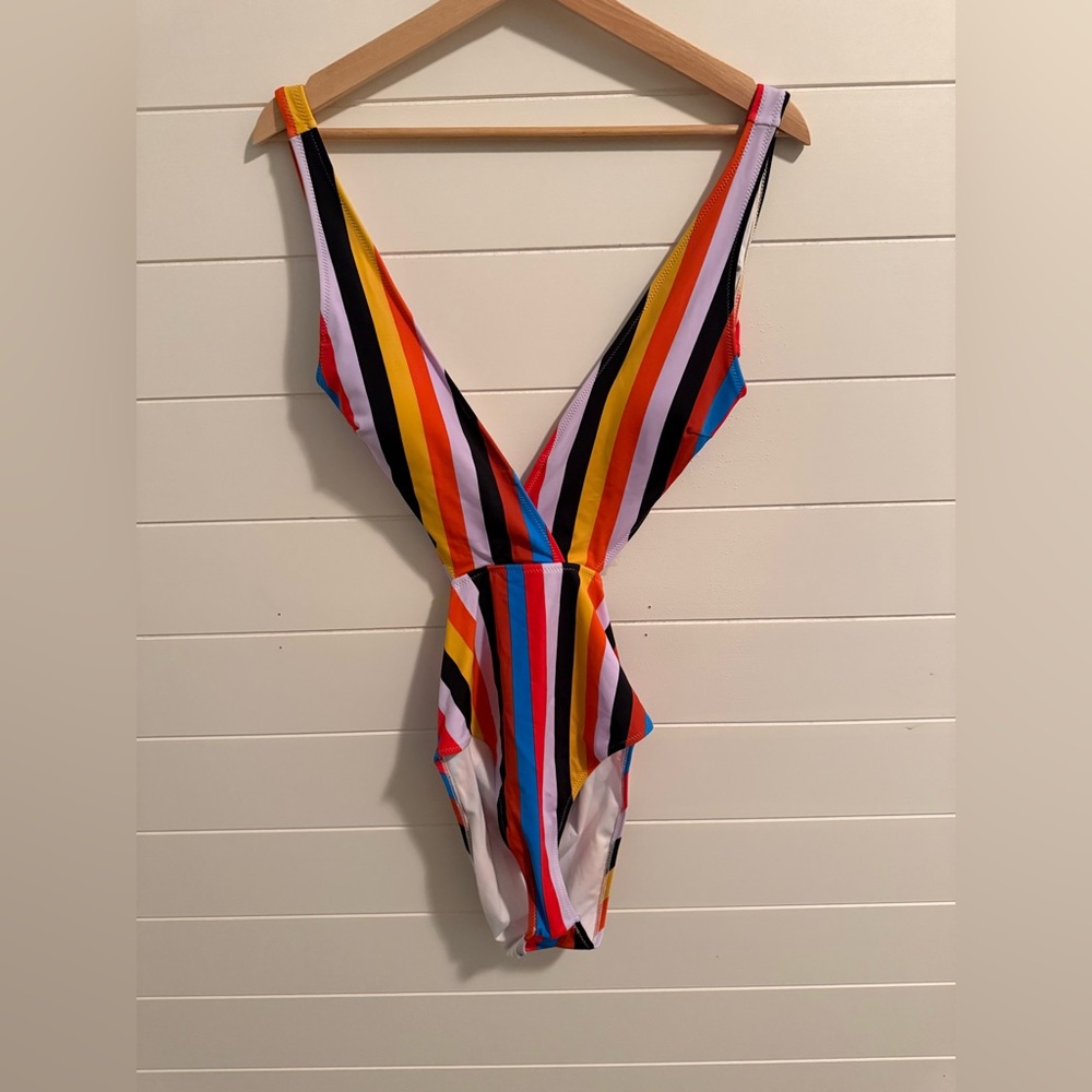 Cupshe Rainbow Stripe Cutout One Piece Swimsuit Size S NWT Plunge